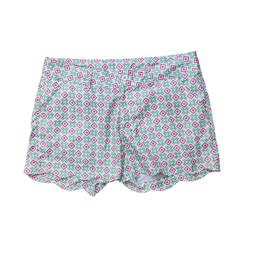 Birdies and Bows‎ Pink Green Geometric Scalloped Golf Shorts Womens Size 8